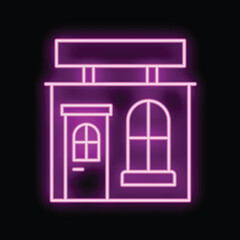 Vibrant illustration featuring a neon sign in the shape of a building, with glowing lights illuminating the night