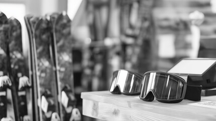 In a ski rental shop, skis and goggles line metal racks, the skis' bases waxed and smooth, edges sharp, and the goggles' straps hanging loose, lenses polished. A wooden counter, its grain worn,