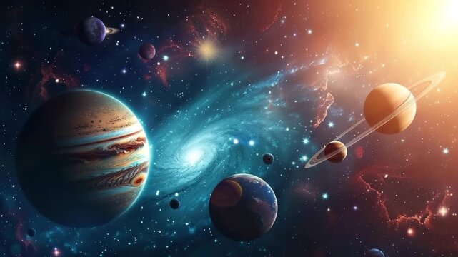 Planets in solar system, bright stars glow in beautiful atmosphere