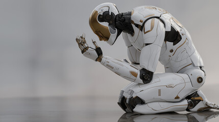 Humanoid robot with synthetic skin examining its reflection in metallic surface, symbolizing self-awareness, digital consciousness, AI identity, and the philosophical frontier of artificial