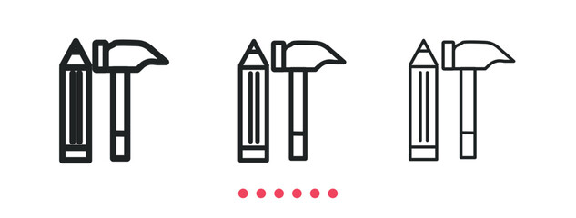 Pencil and hammer icon. Thin line icon vector