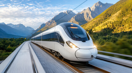 High speed train traveling through scenic mountains and lush greenery, showcasing modern design