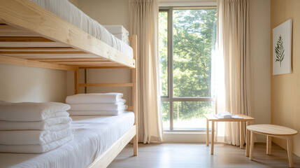 Cozy bunk bed with neatly stacked linens in bright shared dorm room