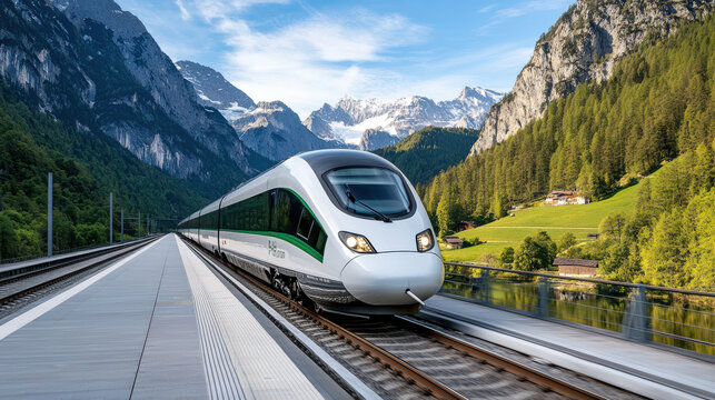 High speed train traveling through scenic mountains and lush greenery, showcasing nature beauty - Powered by Adobe