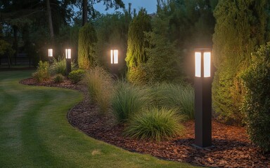 Illuminated Modern Garden Path with Contemporary Black Bollard Lights Highlighting Lush Residential Landscaping at Night