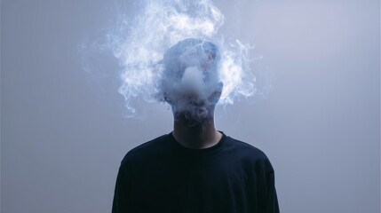A person facing forward against a plain light gray background, face obscured by dense blue-gray smoke,