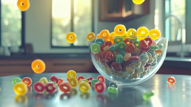 A bowl filled with a variety of colorful fruit loops is being emptied onto a table. The bowl is made of glass and is filled with a mix of different colored fruit loops, including red, yellow
