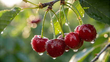 Cherry on tree with water drop in garden, Cherries on tree in natural warm sunlight background