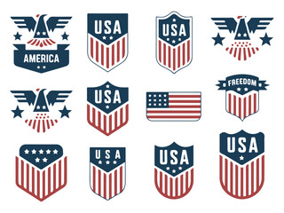 Vintage American USA Badge Collection with Flag and Eagle Icons