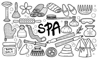 Spa and massage hand drawn elements set. Outline bath tools clipart concept collection.