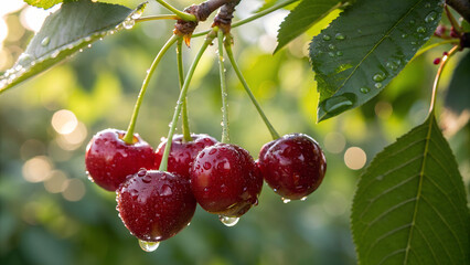 Cherries tree with water drop in garden, Cherry tree in natural warm sunlight background