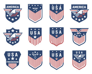 USA Shield and Freedom Logo Set with Patriotic American Badges