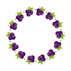 Blueberry wreath round frame with green leaves. Round blueberry wreath with green leaves on white background, perfect for natural food design, organic product labels, and summer decoration.