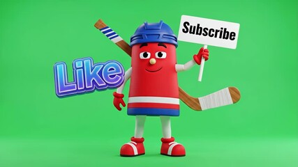 Fun Hockey Stick Mascot Encouraging Likes and Subscriptions - This vibrant 3D character, resembling a hockey stick mascot, stands against a bright green background.