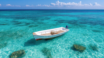 Fototapeta premium Serene boat floating on clear turquoise water, revealing vibrant underwater world