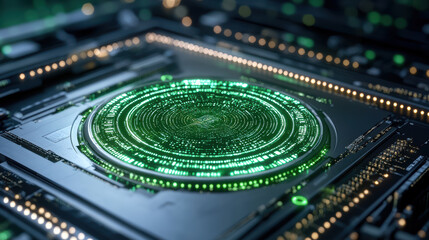 High tech circuit board with glowing green hologram, representing data processing and technology