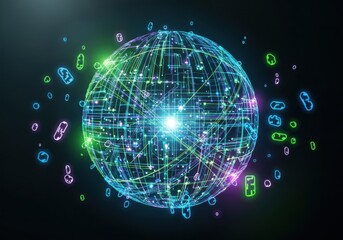 Abstract digital globe with glowing lines and binary code data stream