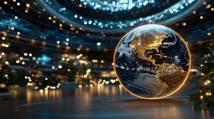 Glowing AR globe displaying real time weather with vibrant lights in modern setting
