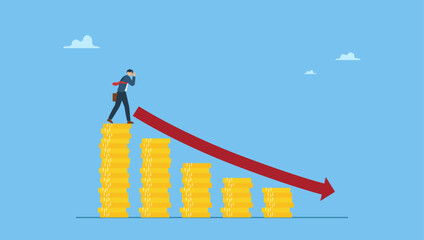 Businessman on money coins stack wealth losing value. Loss money investment mistake failure, risk or debt crisis recession, expense or spending causing money decrease or decline, bankruptcy.