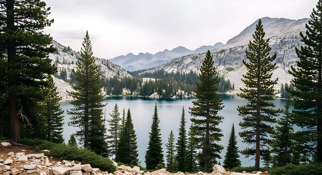 Scenic Mountain Lake Landscape with Pine Trees and Rocky Shore Under Overcast Sky