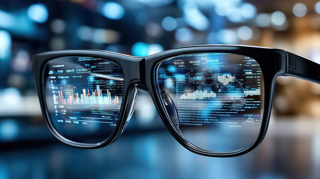 Close up of smart glasses displaying financial data and graphs, showcasing technology