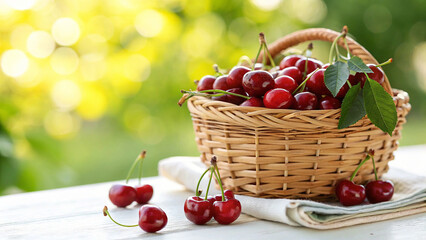 Cherries in wicker basket on white surface in natural warm sunlight background