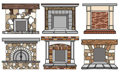 Vintage hand drawn cozy fireplace collection. Vector doodle illustration