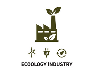 Eco Factory Industry Structure featuring Leaf Line and Silhouette Icon Collection. Eco-Friendly Industrial Production. Power Station Icon on a White Background. Ecology Sector. Standalone Vector