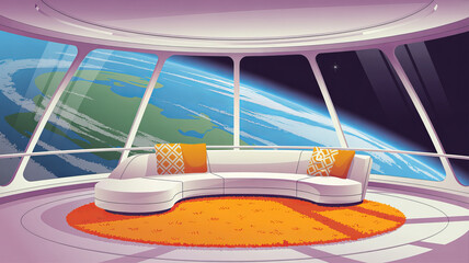 Obraz premium Futuristic Retreat: A modern living space showcases a curved sofa, set against a panorama of Earth and the cosmos, inviting relaxation.