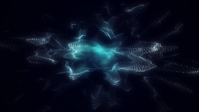 Glowing blue wave with motion dots and top view. Abstract digital background. Particle explosion. Concept connection big data. Futuristic technology backdrop. 3D rendering.