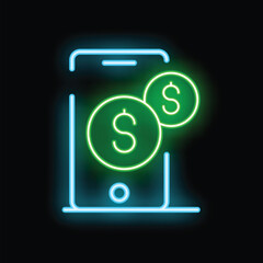 Glowing neon sign representing a mobile phone with dollar coins, illustrating the concept of online payment and mobile banking
