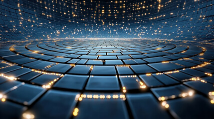 Naklejka premium Mesmerizing digital landscape featuring circular pattern of glowing tiles, creating sense