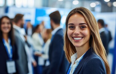Confident business person, dressed in professional attire with lanyard, engages at trade show, reflecting individual professionalism in a collaborative setting.
