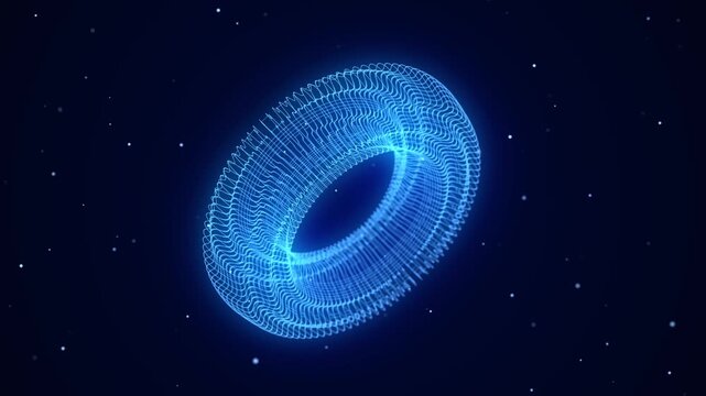 Abstract blue torus with dots and lines. 3D futuristic geometric wireframe shape. Technology network connection big data. Science background. Twist objects in dark cyberspace. 3D rendering.