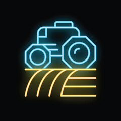 Obraz premium Brightly glowing neon icon of a tractor plowing a field, representing agriculture and farming