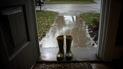 Rainy Day Reflections Waterproof Boots Waiting Near an Open Door Preparing for Outdoor Adventure on a Wet Street Ready for an Exploration of Nature