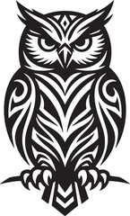 Fototapeta premium a bold, black and white vector illustration of an owl in flight with its wings spread wide, stylized with sharp, tribal-like geometric patterns.