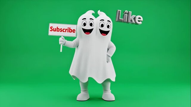 Cheerful Two-Headed Ghost Mascot - This playful two-headed ghost mascot stands against a bright green background, joyfully holding a sign that reads "Subscribe.