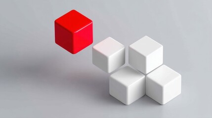 Obraz premium Four white cubes arranged linearly with a red cube floating above against a neutral light gray background.