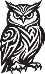 Obraz premium a bold, black and white vector illustration of an owl in flight with its wings spread wide, stylized with sharp, tribal-like geometric patterns.