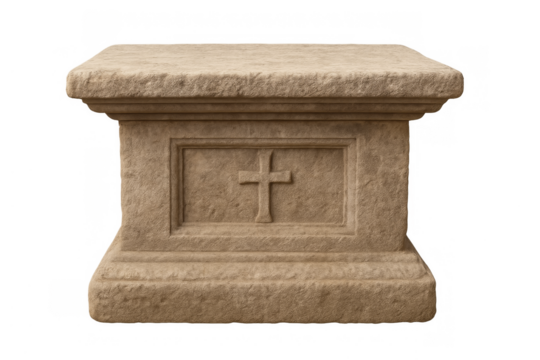 Stone altar with christian cross symbol on transparent background