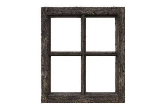 Old rustic wooden window frame with transparent background