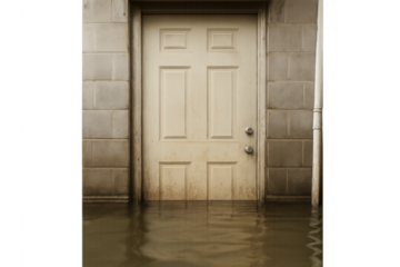 Submerged house entrance door during devastating flood disaster