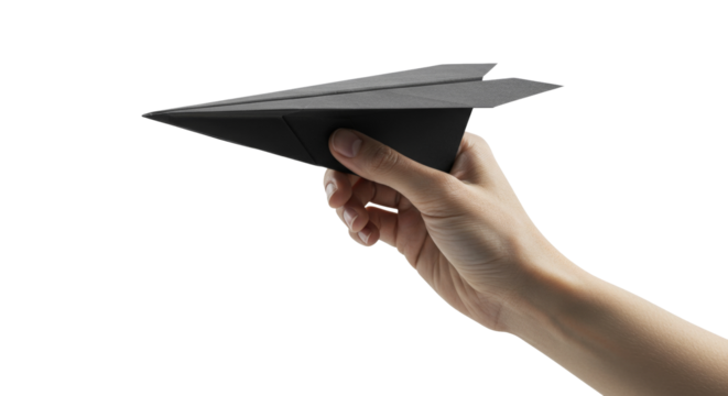 Hand holding black paper airplane isolated on white background