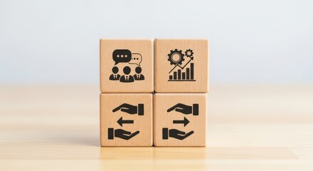 Wooden blocks with business icons teamwork growth exchange communication