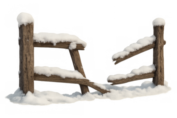 Broken wooden fence covered in winter snow