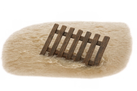 Wooden fence submerged under brown flood water