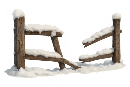 Broken wooden fence covered in winter snow