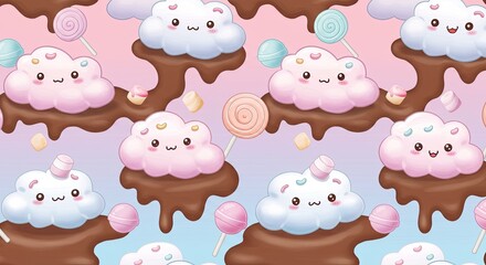 Adorable Kawaii Cloud Characters with Melting Chocolate and Lollipop Candies Seamless Pattern on a Pastel Gradient Background Perfect for Children's