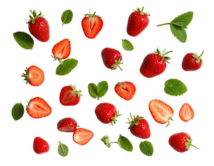 Vibrant strawberries scattered on a transparent background food illustration